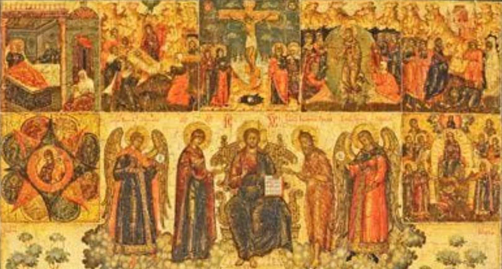 Byzantine icon of Christ enthroned among the saints and the great feasts